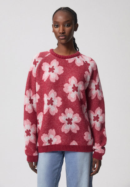 Sweter w kwiaty z okrągłym dekoltem DOOM bordowy