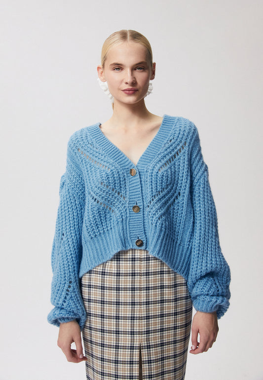 Sweter ażurowy rozpinany CLARA błękitny
