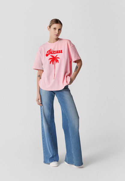 T-shirt oversize z nadrukiem i podwiniętymi mankietami PAM różowy