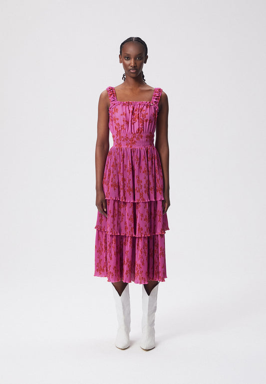 Sukienka midi na ramiączkach i autorskim kwiatowym printem KSANTI różowa