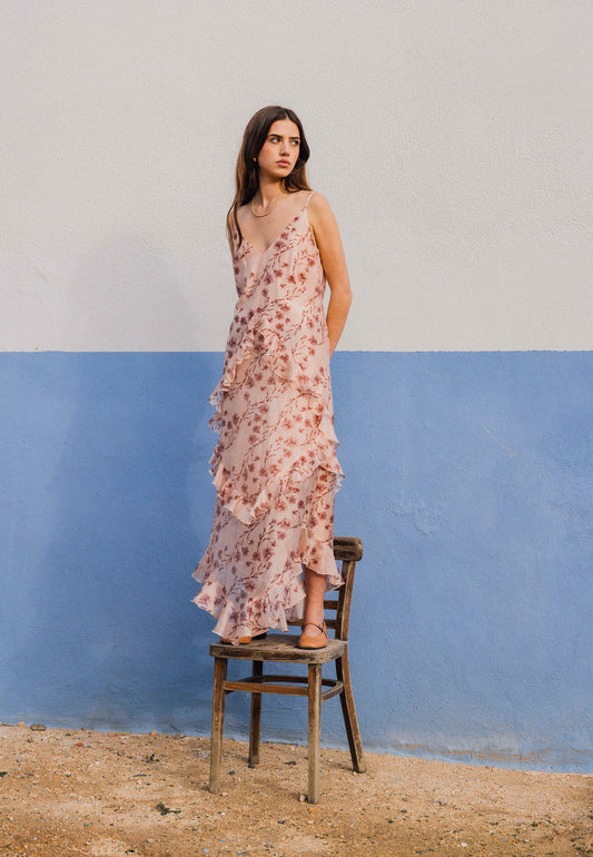 Maxi sukienka w kwiatowy print PATRICA beżowa