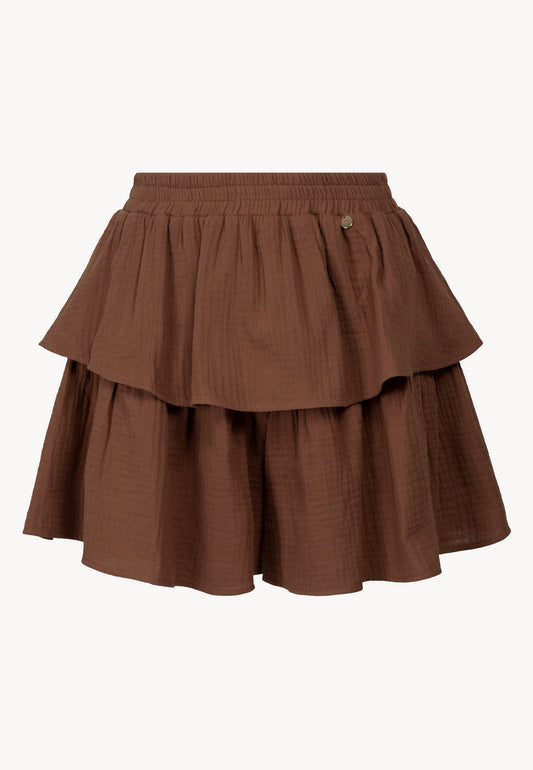 Przód brązowych, muślinowych spodenek OSTER