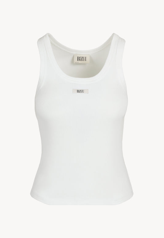 Przód kremowego topu na ramiączkach z logo na przodzie EJRIS.