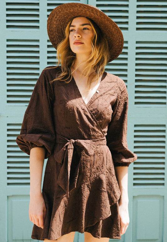 Zbliżenie na modelkę w ciemnobrązowej sukience z haftem angielskim, kopertowym dekoltem i bufiastymi rękawami AMBROSIA; na głowie słomkowy kapelusz, w tle turkusowe okiennice.