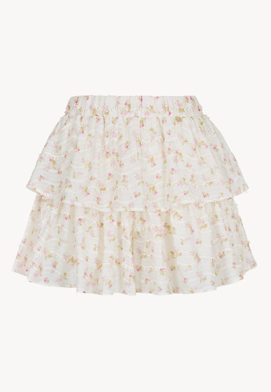 Przód mini spódnico spodni w drobne kwiatki z dwoma falbankami COKO.