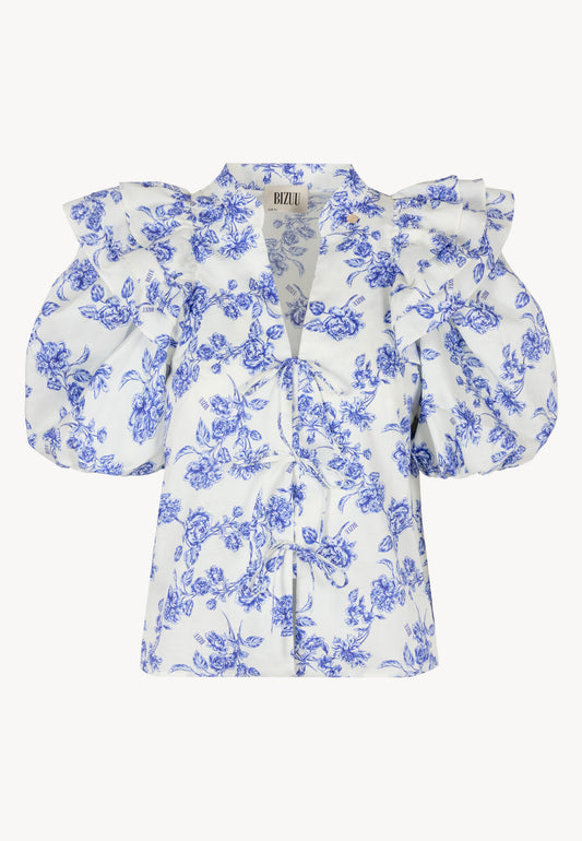 Bluzka ALIANNA w niebieski, kwiatowy print z wiązaniami z przodu i bufiastymi rękawami.