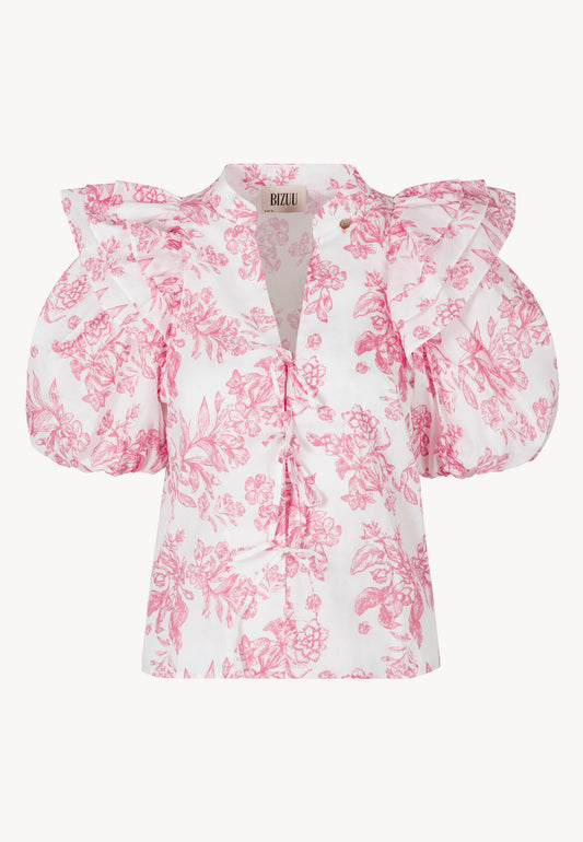 Bawełniana bluzka ALIANNA w kwiatowy print w kolorze biało-różowym. Bluzka wiązana na przodzie posiada bufiaste rękawki.