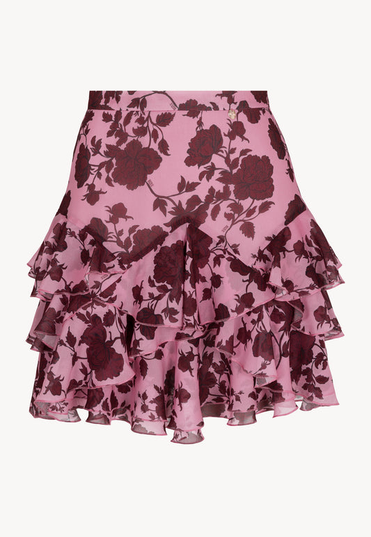 Przód różowej spodniczki CANDICE z falbankami.