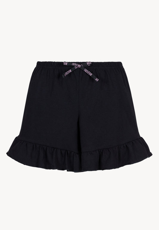 Przód czarnych spodenek od piżamy LIMA z ozdobną kokardką i falbankami.