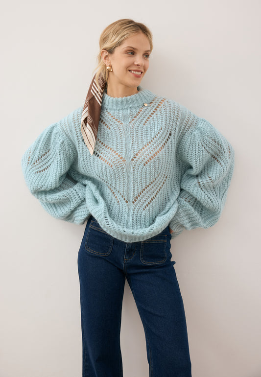 Modelka z rękoma opartymi na biodrach ubrana w błękitny sweter z ażurowy splotem ROSSO oraz jeansy DELPHI.