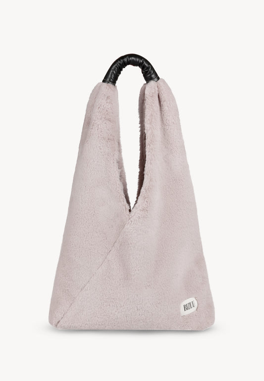 Przód futrzanej torebki TULI w kolorze beżowym.