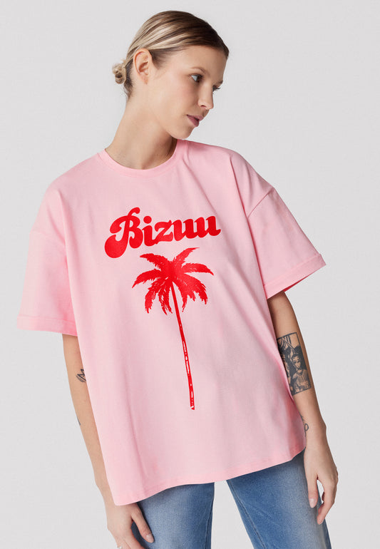 T-shirt oversize z nadrukiem i podwiniętymi mankietami PAM różowy