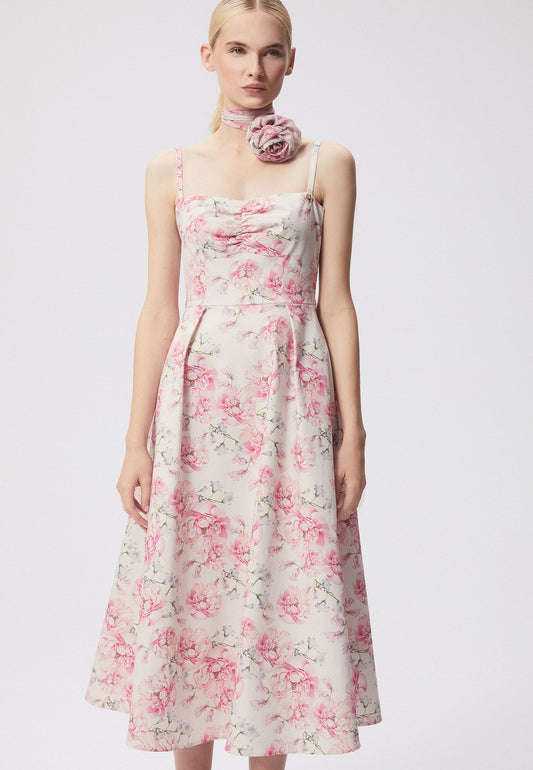 Sukienka midi w kwiaty i na ramiączkach ERDENNIA kremowa