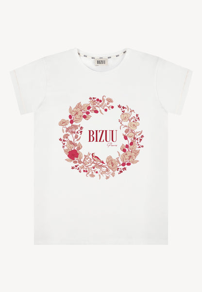 T-shirt damski z logo i kwiatową aplikacją ALVA kremowy