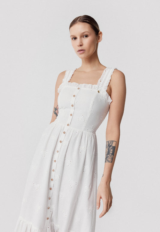 Sukienka maxi na ramiączkach z kwadratowym dekoltem i haftem angielskim BARCONNA biała