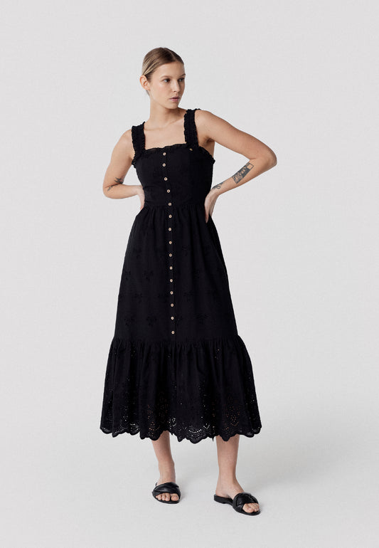 Sukienka midi na szerokich ramiączkach i z haftem angielskim BARCONNA czarna