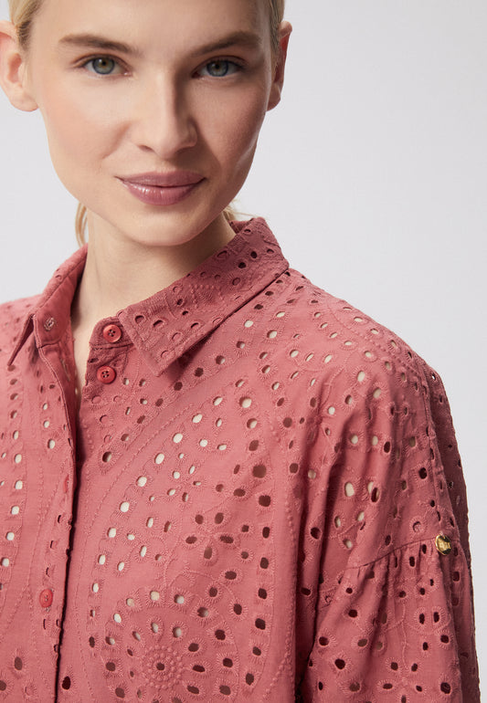 Koszula oversize damska z haftem angielskim NAVA różowa