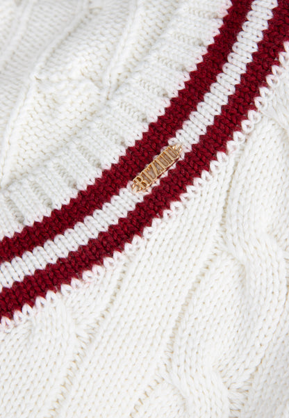 Sweter damski z dekoltem v i splotem warkoczowym DRIANNI kremowy
