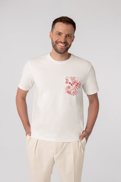 T-shirt unisex oversize z kieszonką w kwiaty POCKET kremowa