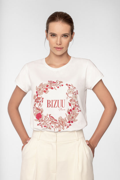 T-shirt damski z logo i kwiatową aplikacją ALVA kremowy