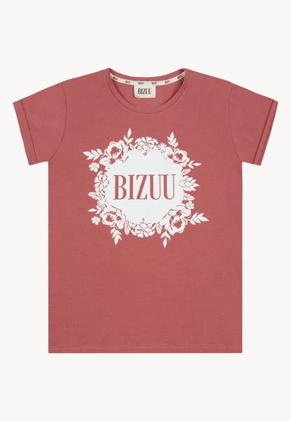 T-shirt z kwiatową aranżacją i logo IOLA różowa