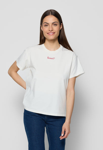 Kremowy t-shirt z haftem bizuu SEYA
