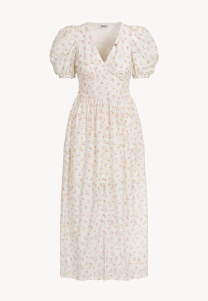 Kremowa sukienka maxi w autorski print FIFFI