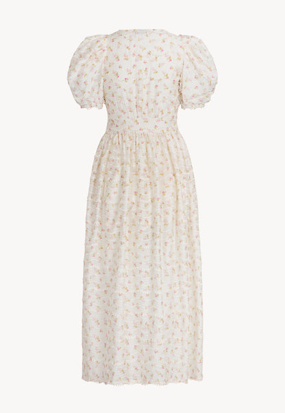 Kremowa sukienka maxi w autorski print FIFFI