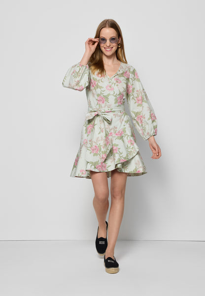 Kopertowa sukienka mini w autorski print AMBROSIA zielona