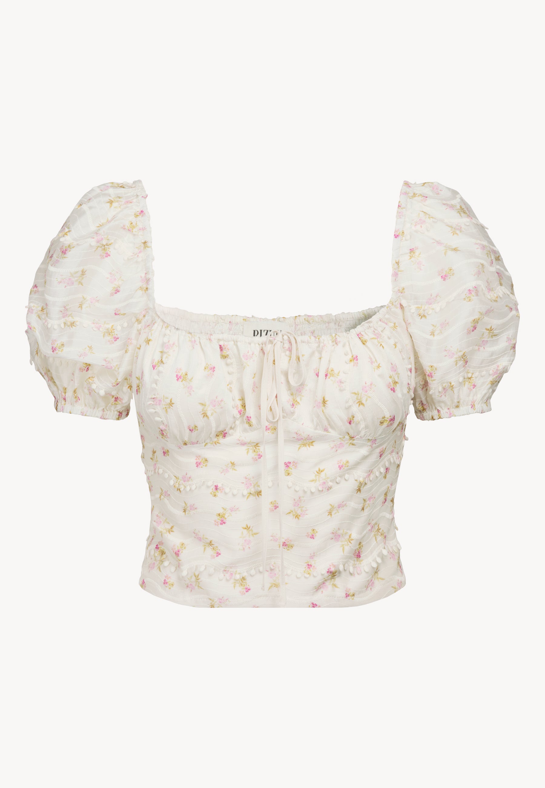 Przód topu VANESSA z bufiastymi rękawami i ozdobną kokardką, top w kwiatowy print.