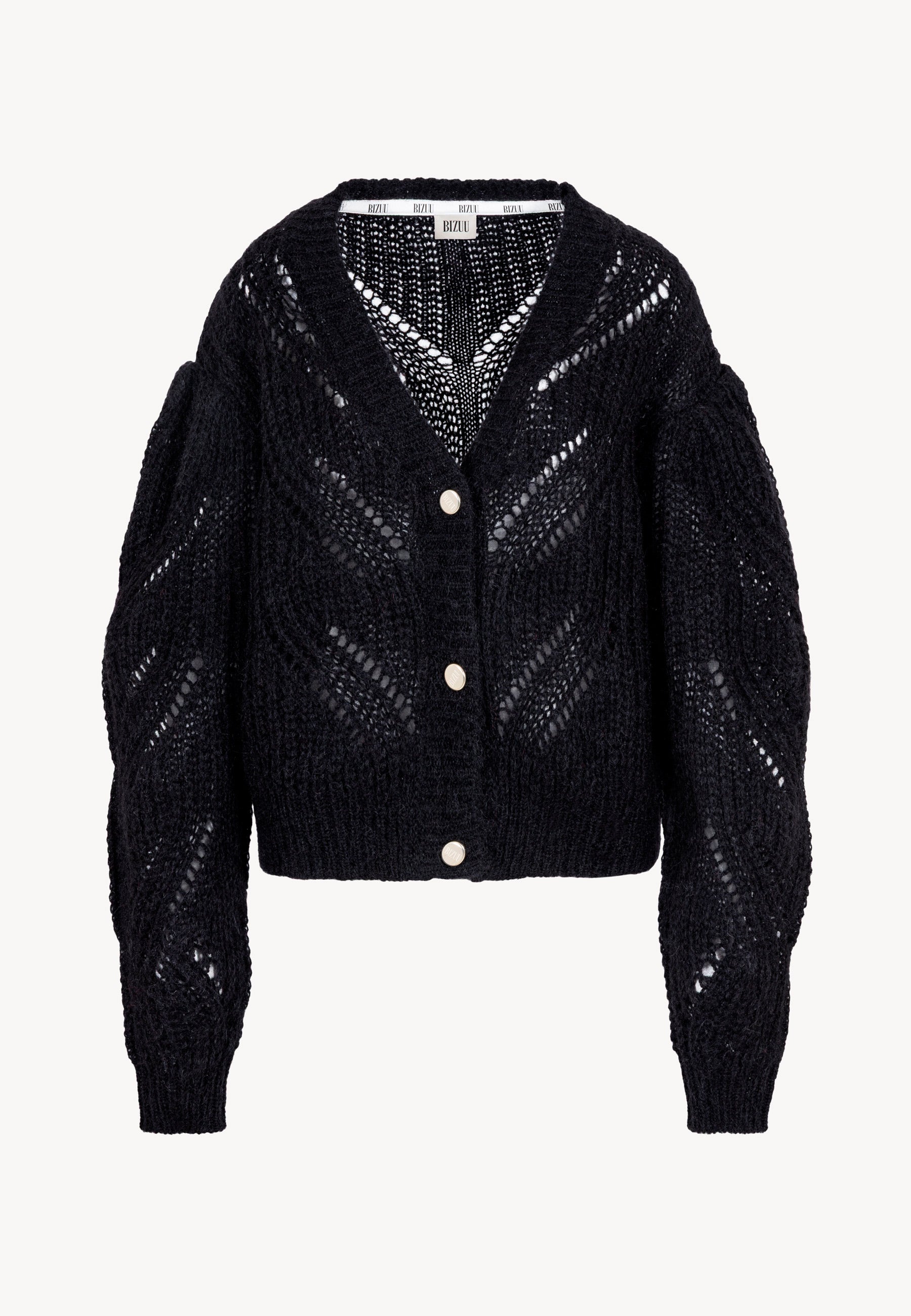 Czarny kardigan w ażurowy splot CLARA ze złotymi guzikami.