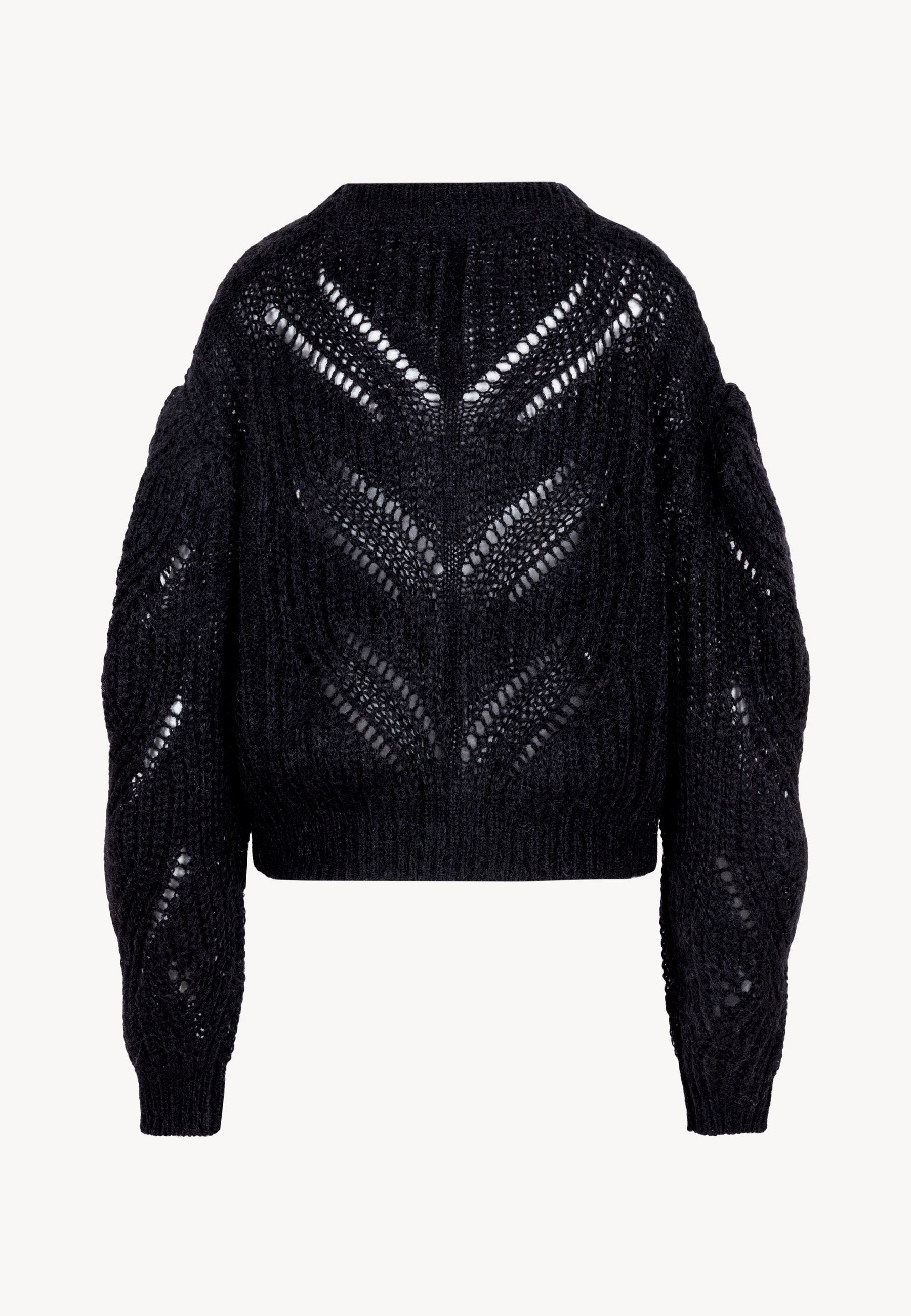 Tył czarnego, ażurowego sweterka CLARA.
