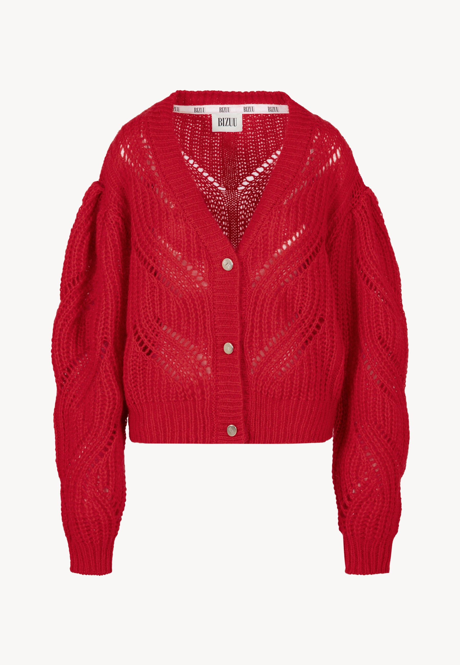 Rozpinany kardigan o ażurowym splocie CLARA w kolorze czerwonym.