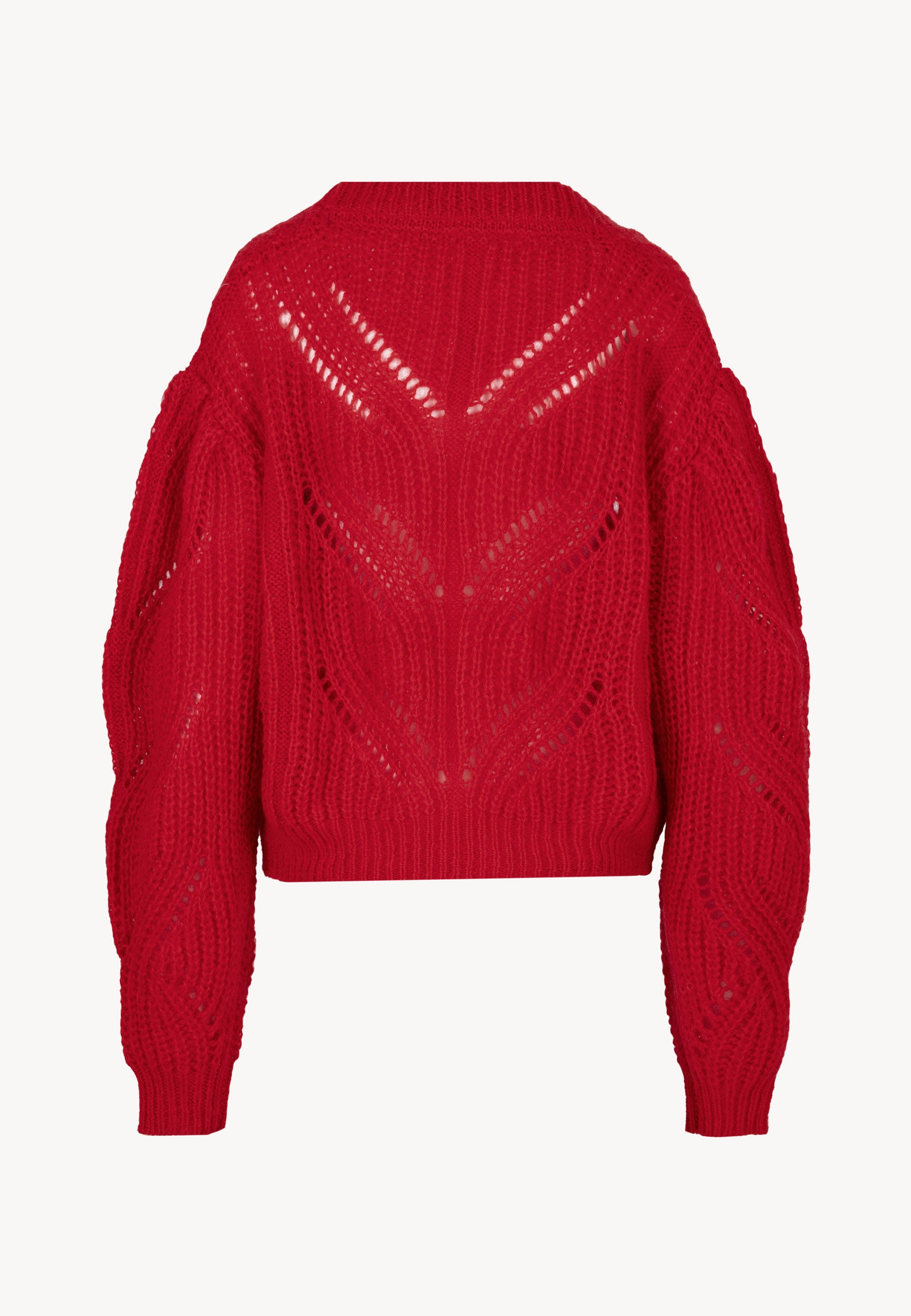 Tył czerwonego sweterka typu kardigan z ażurowym splotem CLARA.