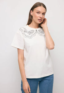 Kremowy t-shirt damski z nadrukowanym kołnierzem COLLARY