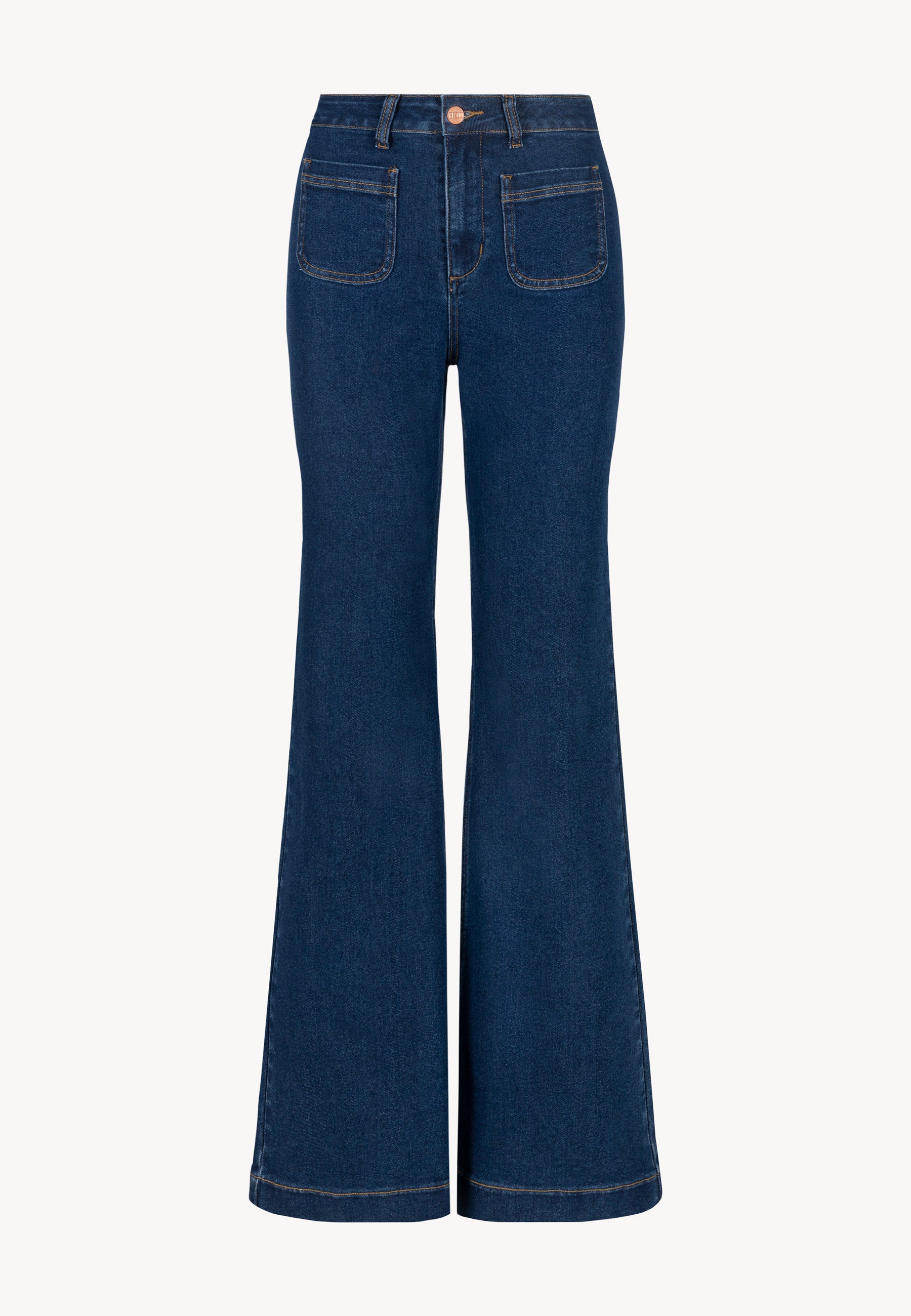 Przód granatowych spodni jeansowych DELPHI z ozdobnymi kieszeniami.