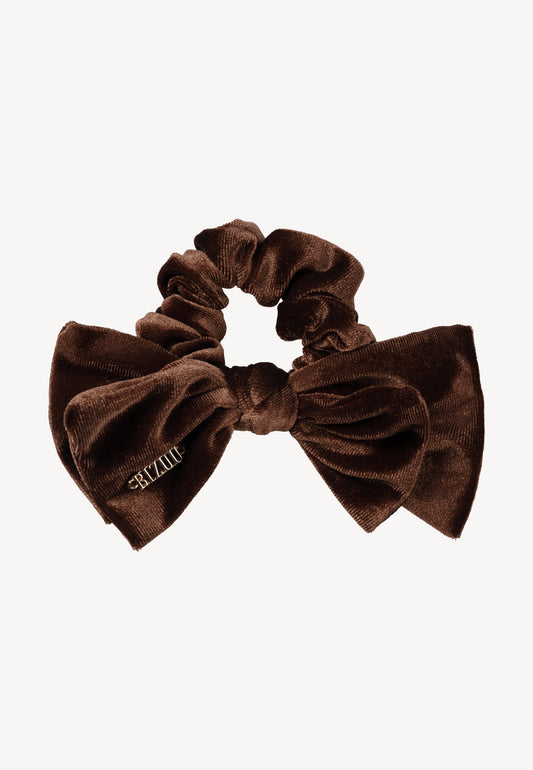 Brązowa welurowa gumka do włosów z ozdobną kokardą ELVI.