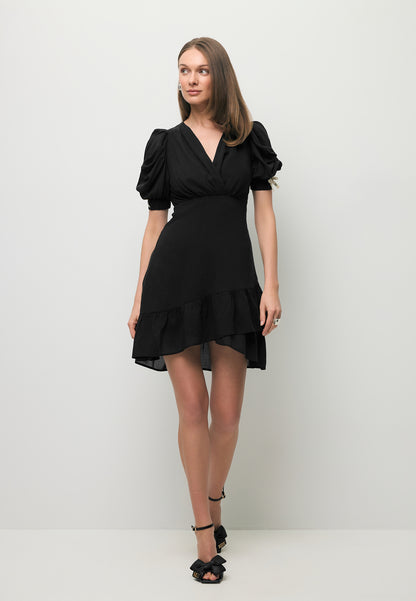 Czarna sukienka mini z bufiastymi rękawami FAMOSA