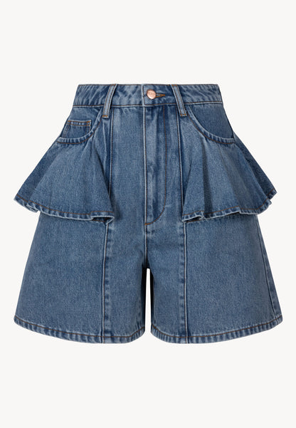 Szerokie jeansowe spodenki z ozdobnymi falbanami FEZA niebieskie