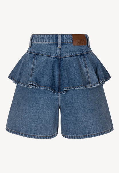 Szerokie jeansowe spodenki z ozdobnymi falbanami FEZA niebieskie