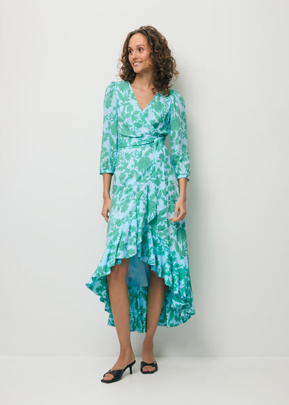 Niebieska sukienka wiązana w pasie z falbanami HUELVA