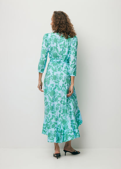 Niebieska sukienka wiązana w pasie z falbanami HUELVA