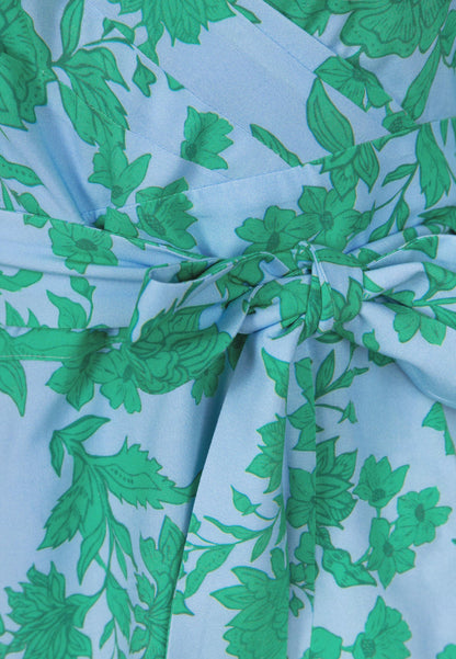 Niebieska sukienka wiązana w pasie z falbanami HUELVA