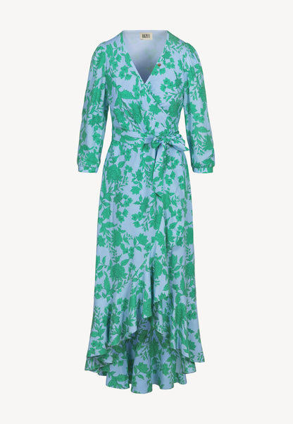 Niebieska sukienka wiązana w pasie z falbanami HUELVA