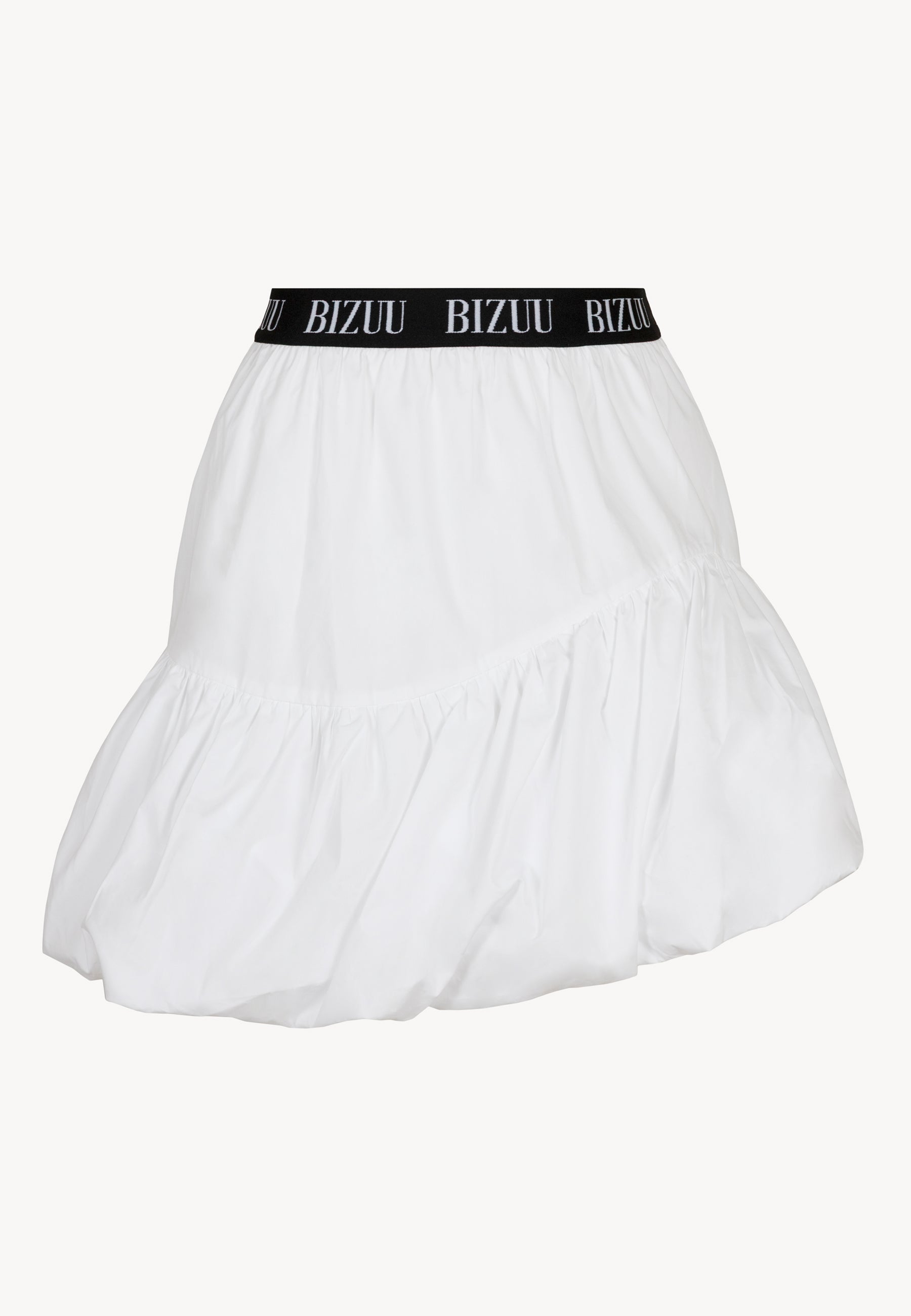 Przód białej mini spódniczki z logowaną gumą LILIBET.