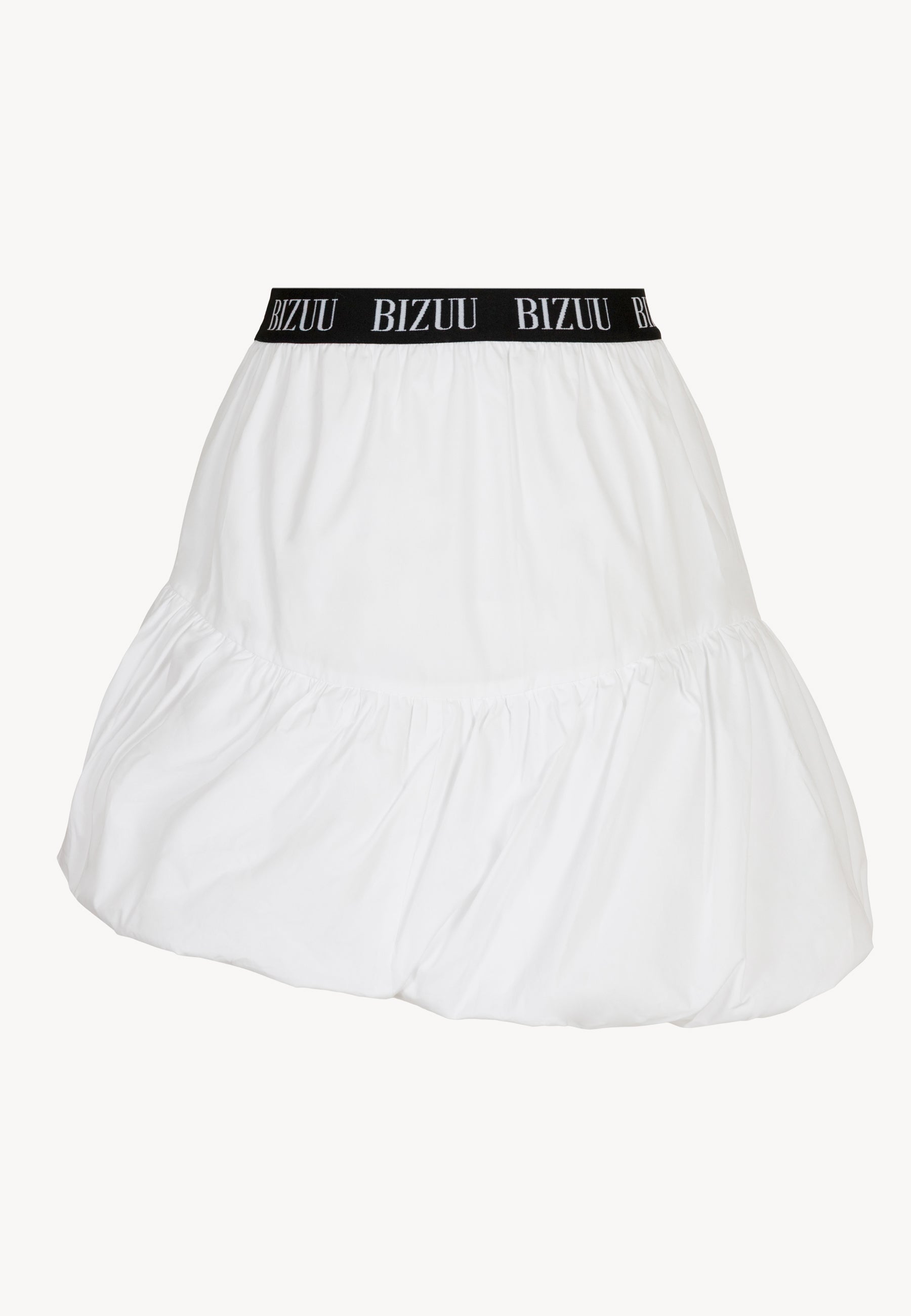 Tył białej mini spódniczki z logowaną gumą LILIBET.