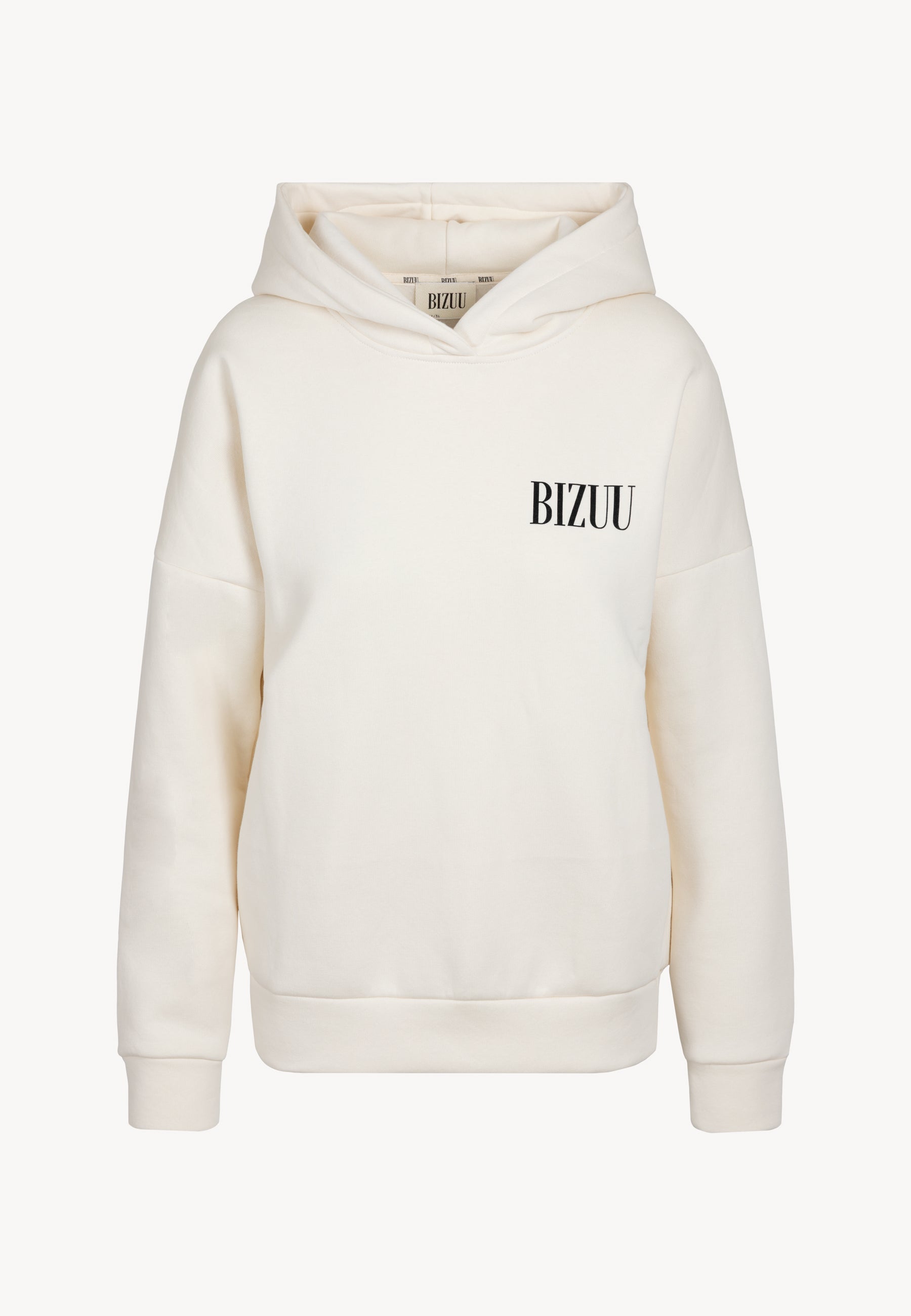 Przód kremowej bluzy z kapturem i logo na przodzie LINDI.