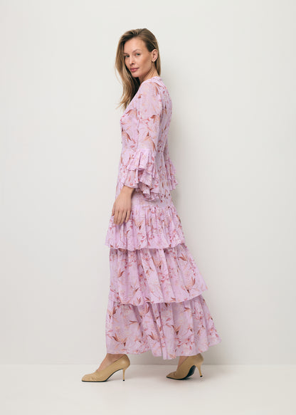 Fioletowa sukienka maxi w autorski print MASSI