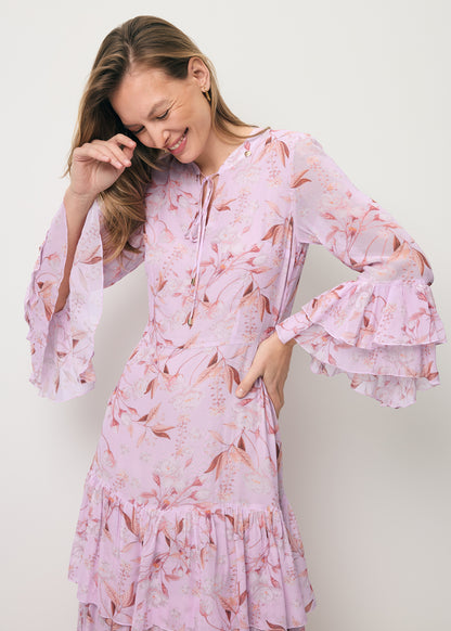 Fioletowa sukienka maxi w autorski print MASSI