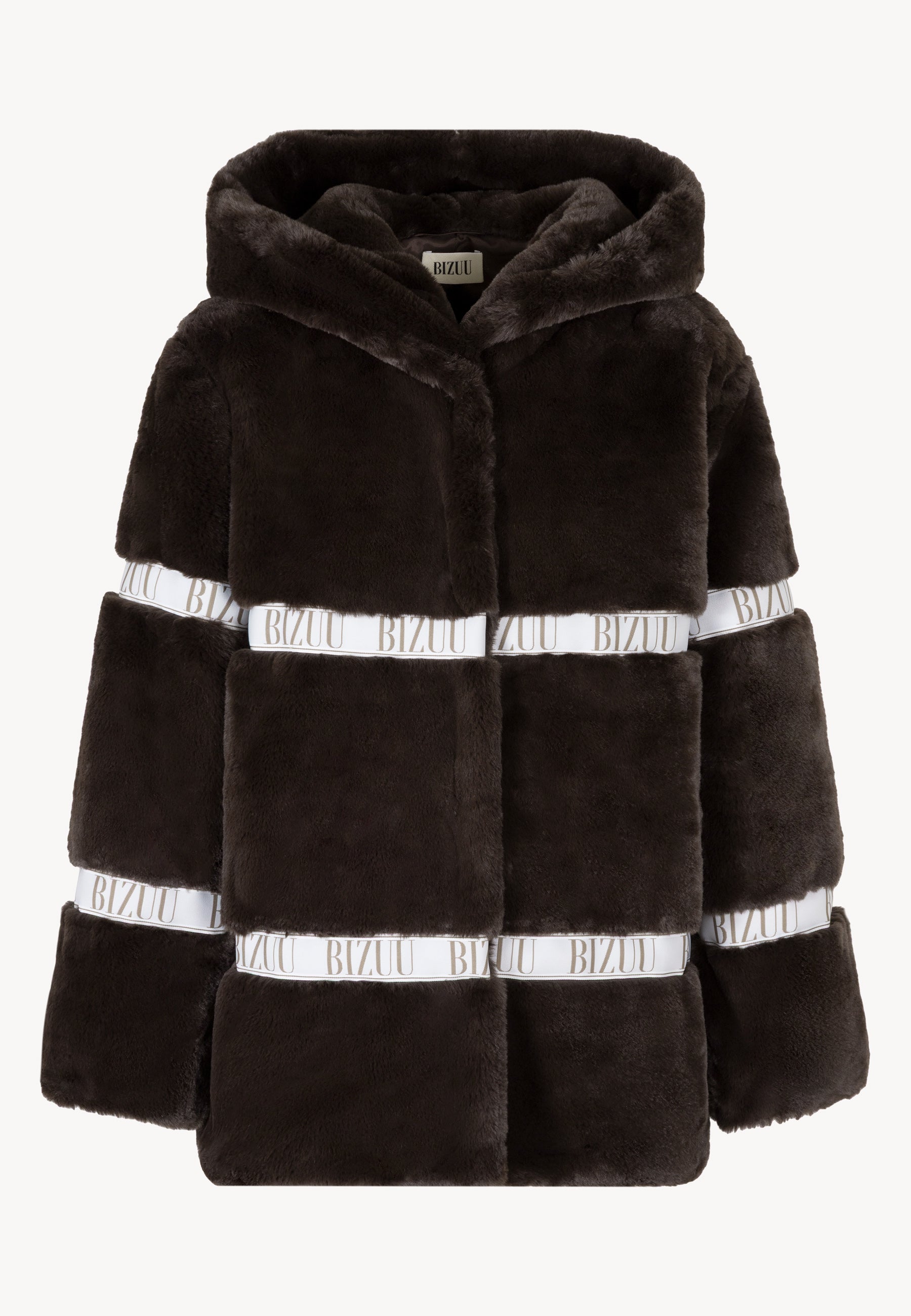 Brązowe futro z logowaną taśmą oraz kapturem MILANO.